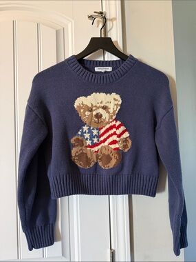 Grayson Threads Navy Blue American Flag Teddy Bear Knit Cropped Sweater Target